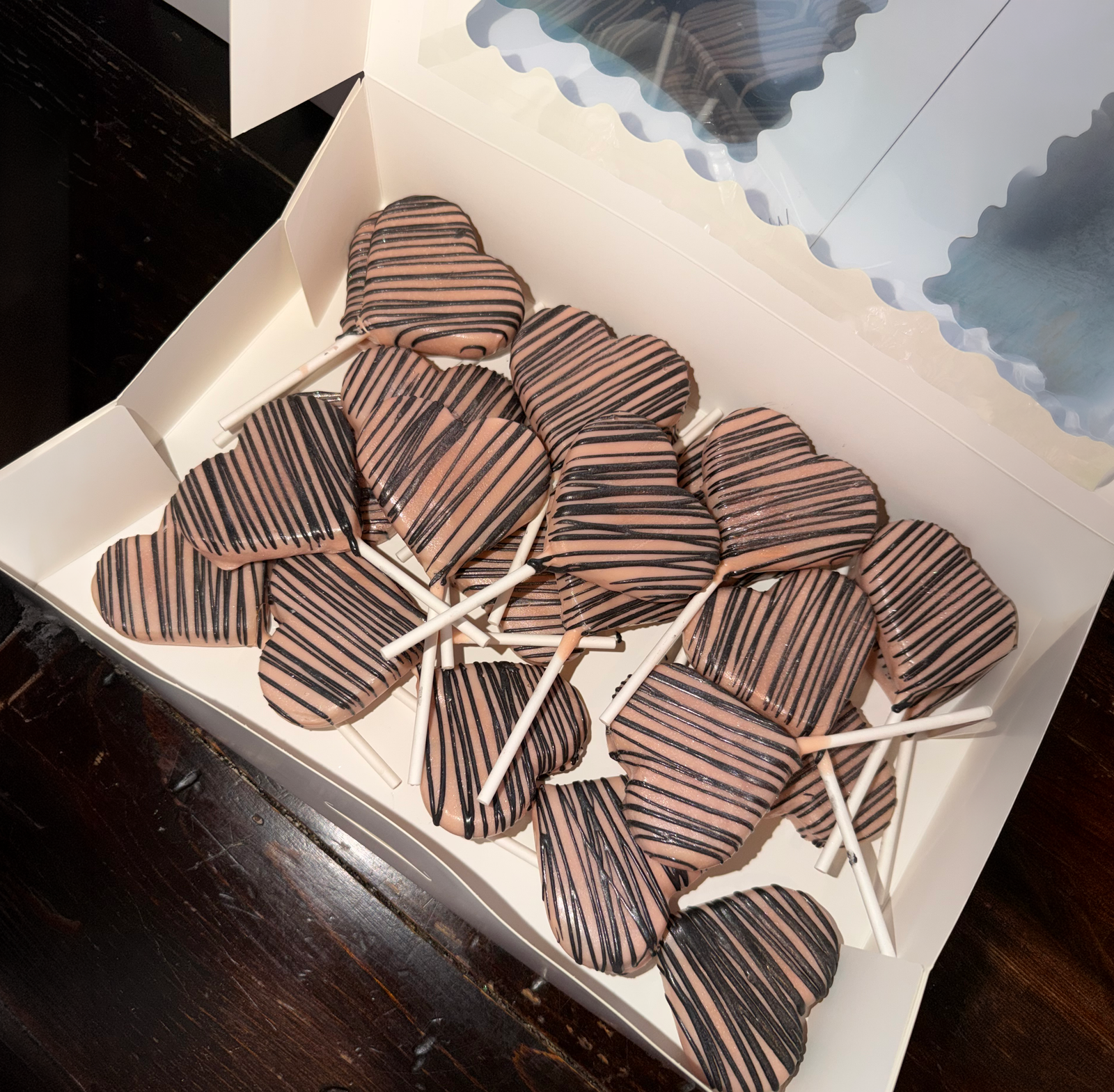 Box of heart-shaped chocolate cake pops